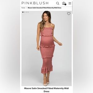 PinkBlush Mauve Satin Smocked Fitted Maternity Midi Dress